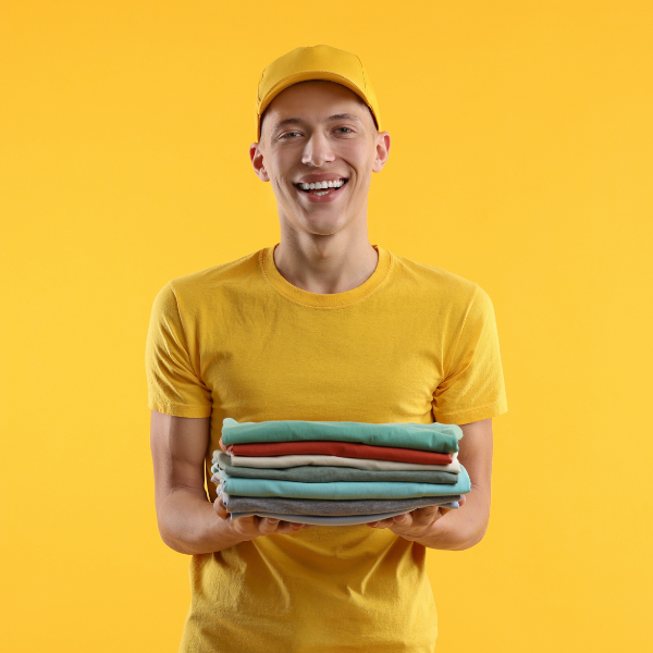 Laundry Delivery Man With Delivery Yellow Background 600X600